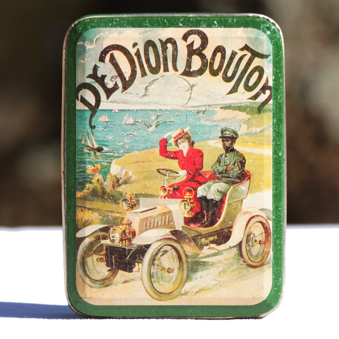 Petite boîte publicitaire collector De Dion Bouton vide en tôle lithographiée