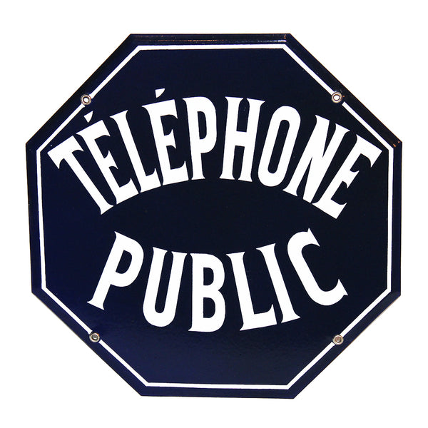 Ancienne plaque émaillée octogonale Téléphone Public des années 1960