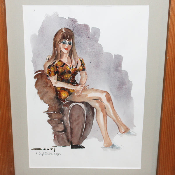 Aquarelle vintage sous cadre par Pierre Douet - Femme / Pin-up assise (1971)