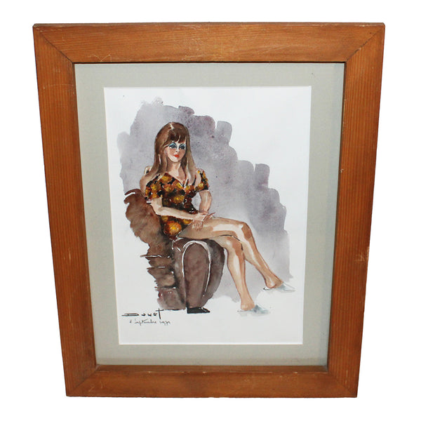 Aquarelle vintage sous cadre par Pierre Douet - Femme / Pin-up assise (1971)