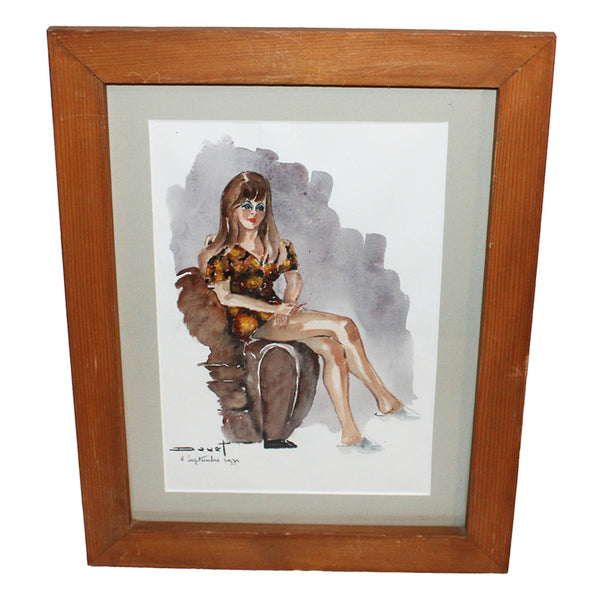 Aquarelle vintage sous cadre par Pierre Douet - Femme / Pin-up assise (1971)