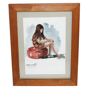 Aquarelle vintage sous cadre par Pierre Douet - Femme / Pin-up assise (1971)