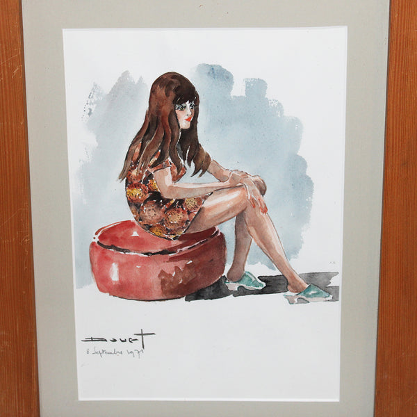 Aquarelle vintage sous cadre par Pierre Douet - Femme / Pin-up assise (1971)