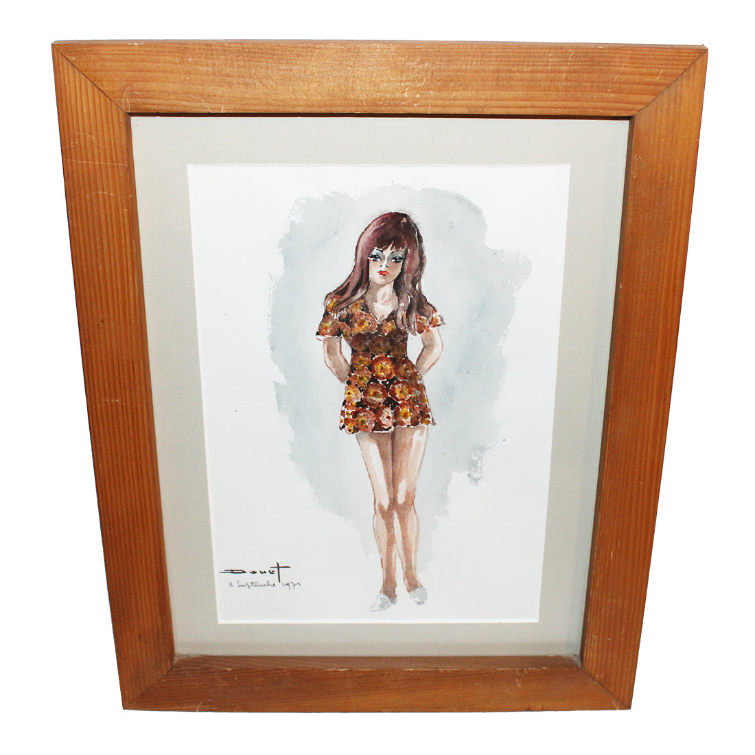 Aquarelle vintage sous cadre par Pierre Douet - Femme / Pin-up debout (1971)