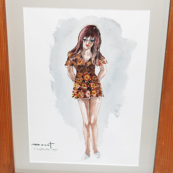 Aquarelle vintage sous cadre par Pierre Douet - Femme / Pin-up debout (1971)