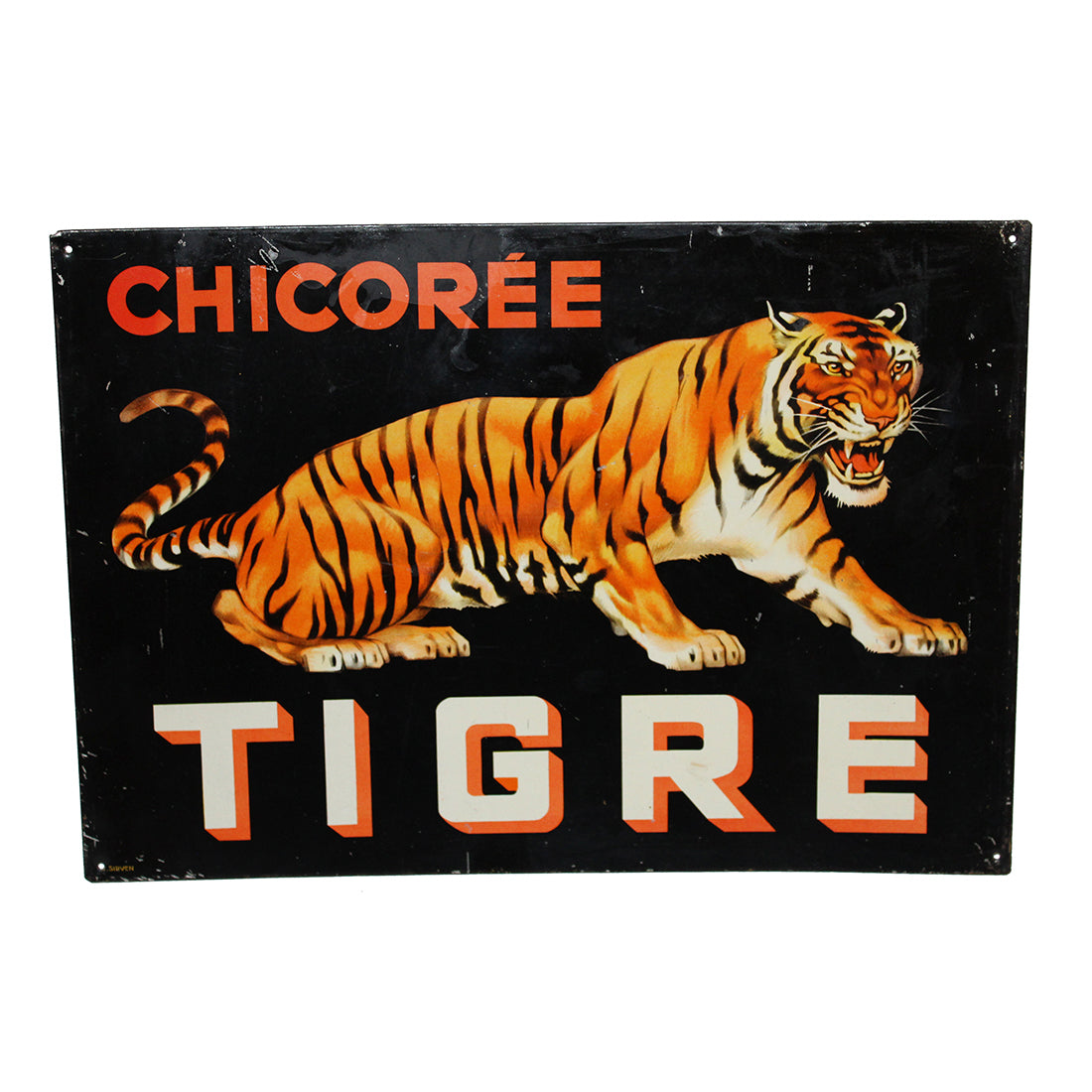 Ancienne Plaque Publicitaire En Tôle Non émaillée Chicorée Le Tigre La Roue Du Passé 