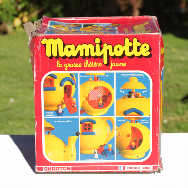 Jouet vintage Mamipotte la grosse théière jaune Bluebird Charton ( 1981 ) en boîte.