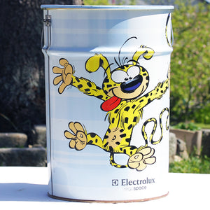 Grande boîte baril publicitaire en métal Marsupilami Electrolux Ergospace vide