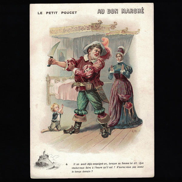 Série complète de 6 anciennes chromos publicitaires Au Bon Marché Le Petit Poucet