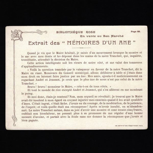 Series of 5 old advertising chromos at Au Bon Marché les Mémoires d'un Âne