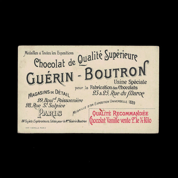 Série de 11 anciennes chromos publicitaires Guérin Boutron Explorateurs