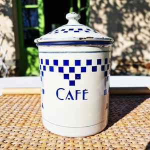 Ancien pot à épices en tôle émaillée Café décor Lustucru